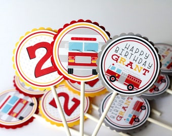 Firetruck Birthday Cupcake Toppers - Fire Truck Firefighter Birthday Party - Fire Truck Birthday Cupcake Picks Red, Yellow, Gray, Black