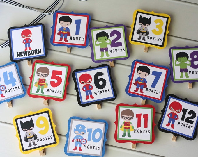 Superhero First Birthday Photo Banner - 12 Month Photo Banner - Superhero Birthday Party Photo Banner - Boy Birthday