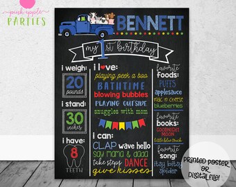 Little Blue Truck Birthday Chalkboard - First Year Stats Chalkboard - Birthday Chalkboard - Printed Poster OR Digital File