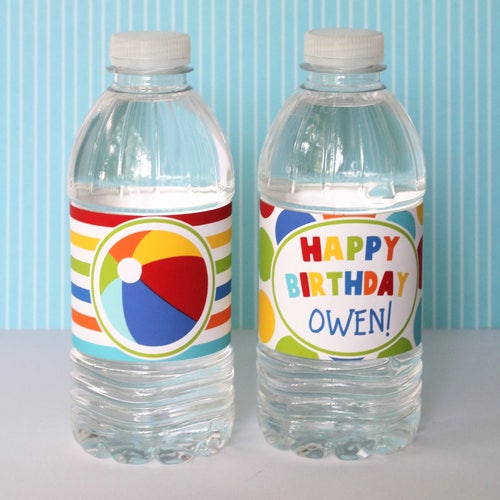 Beach Ball Water Bottle Labels - Pool Party Birthday - Boy First Birthday - Boy Second Birthday - Summer Birthday Water Bottle Wraps