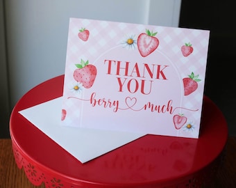 Strawberry Thank You Cards, Pink Gingham Folded Thank You Notes with Envelopes, Strawberry Baby Shower, Strawberry Birthday