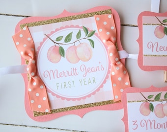 May include: Peach-themed first year milestone banner with pink and white gingham, gold glitter, and peach illustrations. The banner reads "Merritt Jean's First Year".