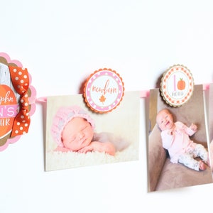 May include: A pink and orange pumpkin-themed baby photo banner with the text "our little pumpkin ADALYN'S FIRST YEAR" and photos of a baby at different ages.
