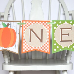 Puede incluir: Una pancarta de tem&aacute;tica oto&ntilde;al con una calabaza, cuadros vichy y lunares. La pancarta dice "ONE" en letras marrones.