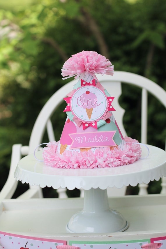 Ice Cream Birthday Party Hat, First Birthday Hat, Ice Cream First Birthday, Girl Birthday, Pink & Mint