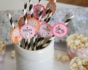 Spooky One Party Straws with Tags, Pink Halloween Birthday Straws, Ghost Little Boo Halloween Straws, Pink Halloween Party Decor
