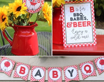 Baby-Q Baby Shower Decorations - BBQ Baby Shower Package - Banner, Signs, Food Labels, Centerpiece, Stickers