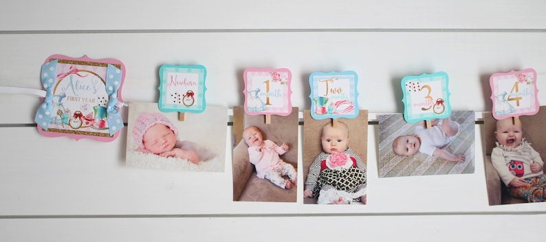 May include: A baby's first year photo banner with a pink and blue theme. The banner includes a title card that says "Alice's First Year" and individual cards for each month of the year. Each card features a photo of the baby at that age.