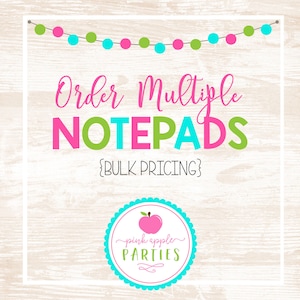 May include: White background with the text "Order Multiple NOTEPADS" in pink, green, and blue. Below the text is "{BULK PRICING}". A logo for "pink apple PARTIES" is at the bottom, with a pink apple and teal accents. A string of colorful lights is at the top.