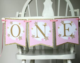 Twinkle Twinkle Little Star High Chair Banner -  Pink Gold Star Birthday High Chair Decoration - Twinkle Star Birthday Party Fully Assembled