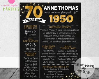 70th Birthday Chalkboard Poster, Back in 1950, 70 Years Ago Poster, 70th Birthday Gift, Milestone Birthday, Printed Poster OR Printable