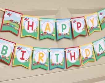 Transportation Birthday Banner - Trucks, Cars, Planes, & Trains Birthday Decorations Fully Assembled - Boy Birthday Party Banner