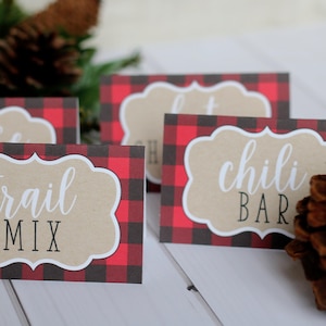 Lumberjack Birthday Party Food Tent Labels - Buffalo Plaid Red and Black Birthday Food Tents or Place Cards