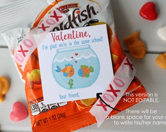 INSTANT DOWNLOAD - Goldfish Valentine, Printable Fishing Valentine, Noncandy Valentine, Preschool Valentine Cards