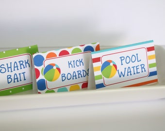 Beach Ball Pool Party Food Tent Labels - Beach Ball Birthday Food Tents or Place Cards