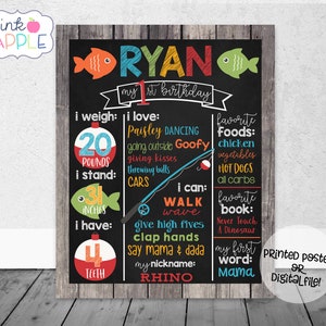 Fishing Birthday Chalkboard, Gone Fishing First Year Stats, Milestone Sign, Fisherman First Birthday - Printed Poster OR Digital File