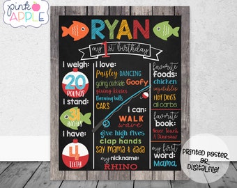 Fishing Birthday Chalkboard, Gone Fishing First Year Stats, Milestone Sign, Fisherman First Birthday - Printed Poster OR Digital File