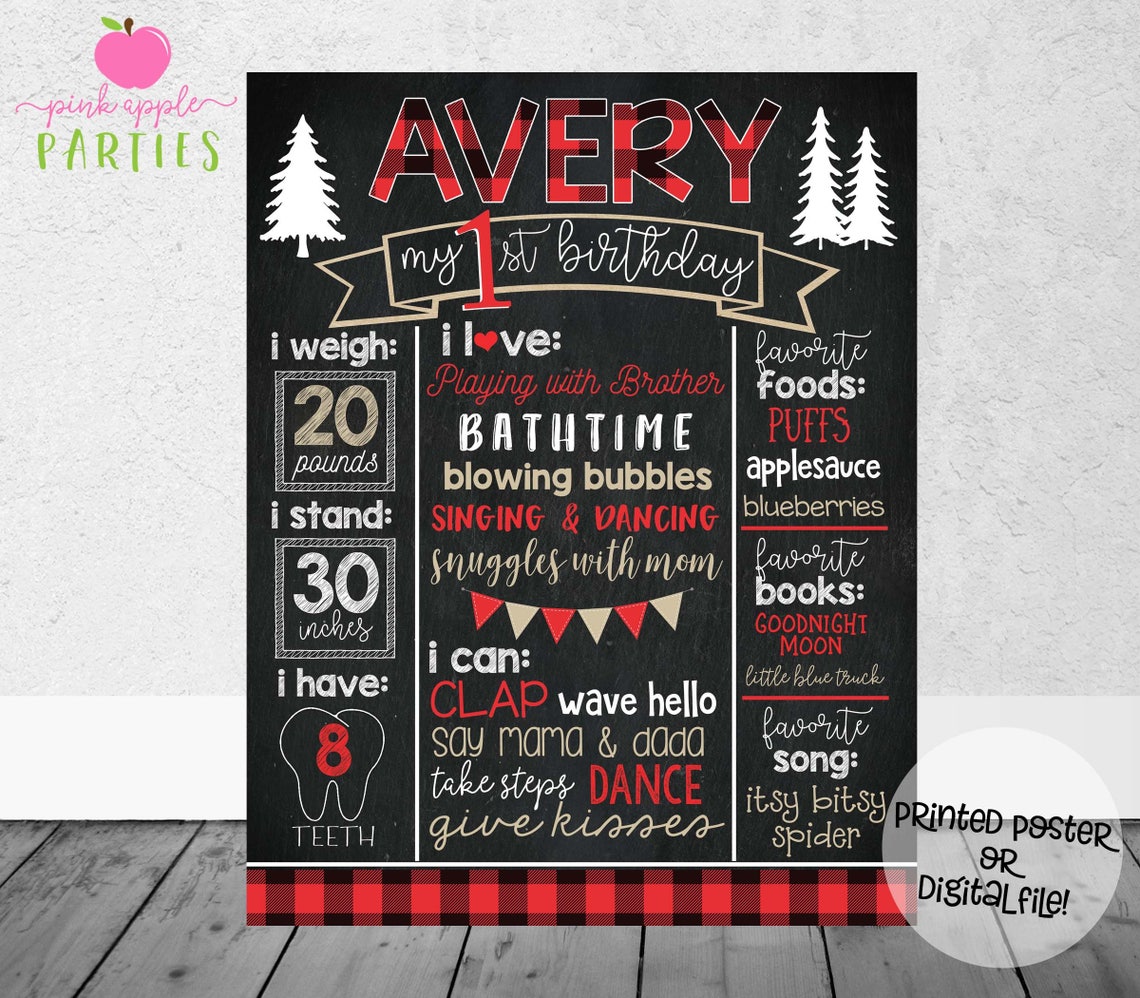 Lumberjack Birthday Chalkboard Buffalo Plaid Woodland First Etsy