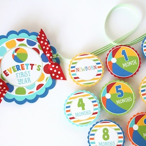 Beach Ball First Year Photo Banner - 12 Month Photo Banner - Beach Ball Pool Party Birthday Party Photo Banner