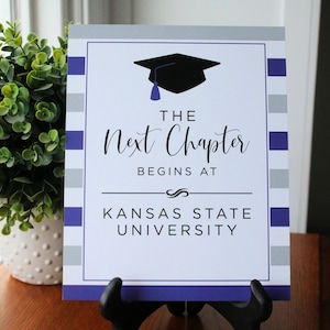 May include: A white sign with purple and gray stripes. The sign has a black graduation cap with a purple tassel and the text "The Next Chapter Begins At Kansas State University".