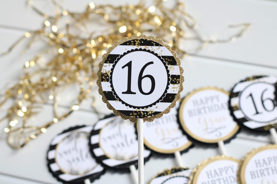 Sweet 16 Cupcake Toppers 16th Birthday Black and Gold Cupcake Etsy