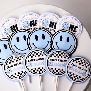 One Happy Dude Cupcake Toppers, Light Blue Happy Dude Smiley Face Birthday Party, Black & White Checker First Birthday Cupcake Picks