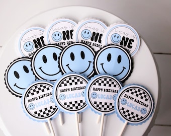 One Happy Dude Cupcake Toppers, Light Blue Happy Dude Smiley Face Birthday Party, Black & White Checker First Birthday Cupcake Picks