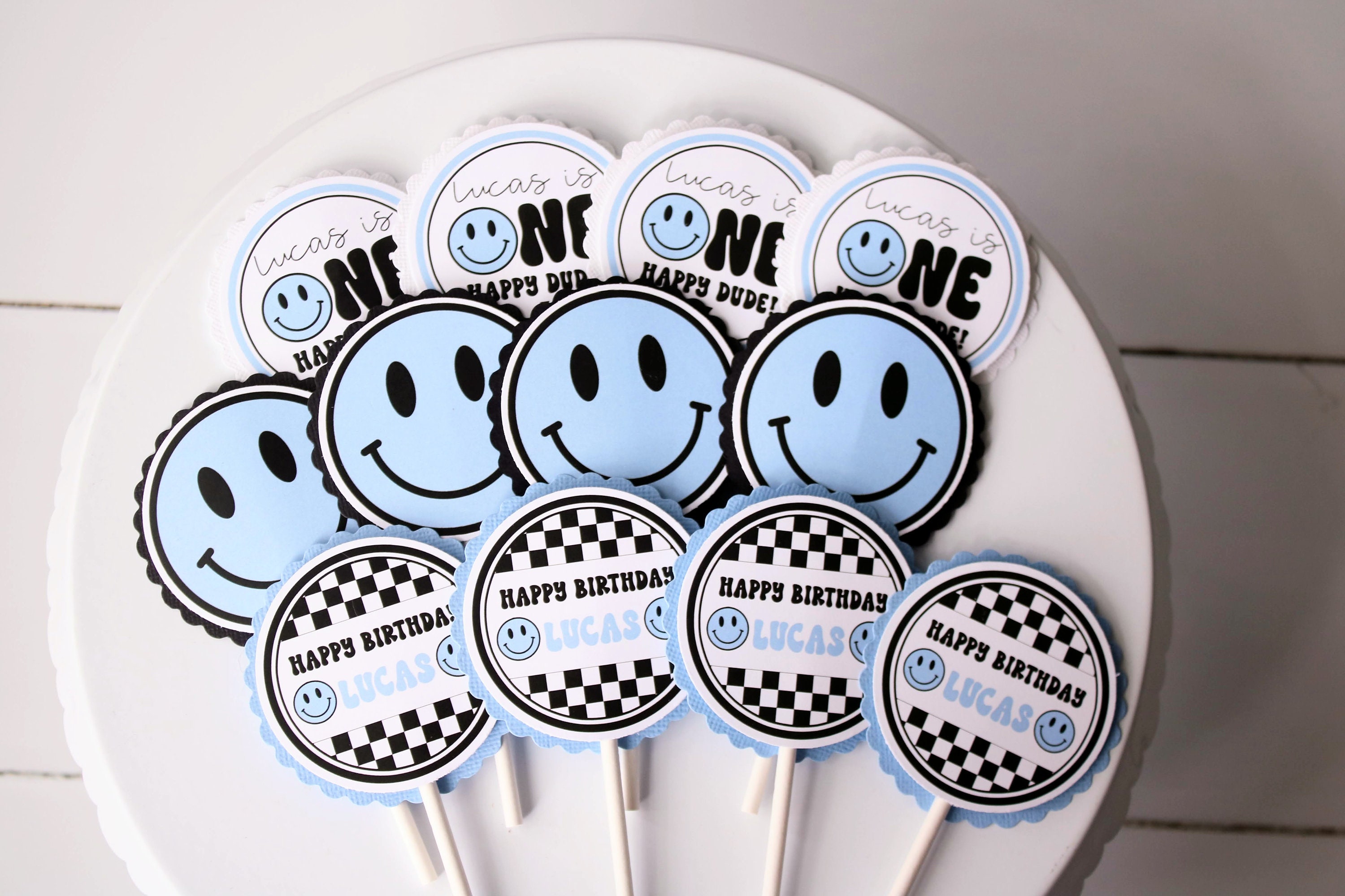 One Happy Dude Cupcake Toppers, Light Blue Happy Dude Smiley