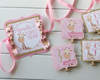 Giraffe Birthday Photo Banner, Pink Gold First Birthday, Monthly Pictures Display, 12 Month Photo Banner, Girly Jungle Birthday Decor