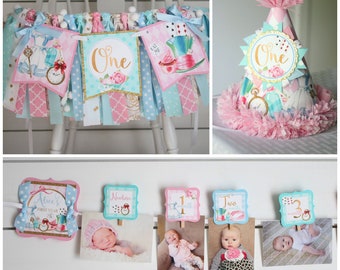 Alice in Onederland FIRST BIRTHDAY Package - High Chair Banner, Monthly Photo Banner, Party Hat: Alice in Wonderland 1st Birthday Decor