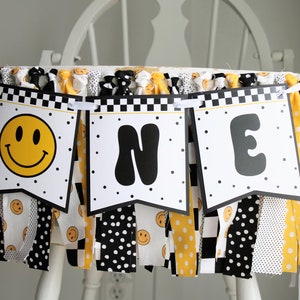 One Happy Dude High Chair Fabric Garland, Smiley Face Birthday High Chair Decoration, One Happy Dude Party Decor, Black Yellow White