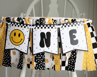 One Happy Dude High Chair Fabric Garland, Smiley Face Birthday High Chair Decoration, One Happy Dude Party Decor, Black Yellow White