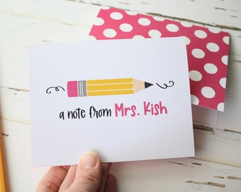 Pink Pencil Personalized Notecards, Pencil Stationery for Teachers, Teacher Appreciation Gift, Set of 10 Folded Notecards + Envelopes