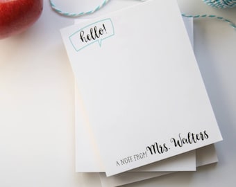 Teacher Appreciation Personalized Teacher Notepad - Teacher Appreciation Gift - Holiday Teacher Gift - Style: "Hello!"