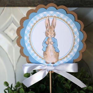 K&ouml;nnte beinhalten: Dekorative Tortenaufsatz mit Peter Rabbit in blauem Jackett, vor blau-wei&szlig;em Vichy-Muster. Der Aufsatz hat einen gewellten Rand und ist mit einer wei&szlig;en Schleife an einem Holzstab befestigt. Ideal f&uuml;r eine Babyparty oder Ostern.