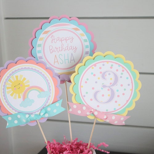 Rainbow Sunshine Birthday Centerpiece Sticks, Pastel Rainbow Party Table Decorations, You Are My Sunshine Girl Birthday Decor