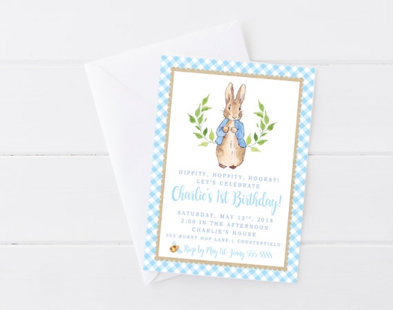 Peter Rabbit Birthday Invitation, First Birthday, Bunny Invitation, Baby Boy Blue Gingham Invite - Digital/Printable OR Printed & Shipped!