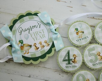 Lucky Duck First Year Photo Banner, 12 Month Monthly Display for Baby's First Birthday, Mallard Duck Theme, Green Gingham Party Decor