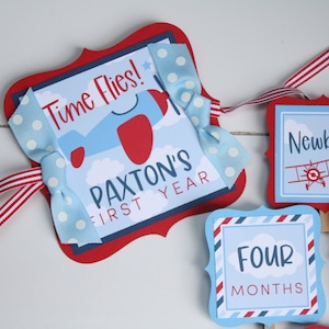 Airplane Birthday Photo Banner Red & Blue, 12 Month Baby&#39;s First Year Photo Banner, Time Flies First Birthday, Airplane Party Banner