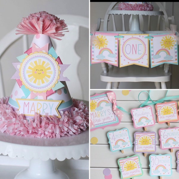 Rainbow Sunshine FIRST BIRTHDAY Package - High Chair Banner, Monthly Photo Banner, Party Hat