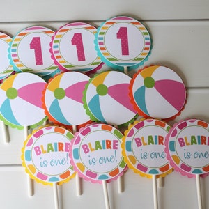 Beach Ball GIRL Birthday Cupcake Toppers - Girly Pool Party Birthday Party - Beach Ball Birthday Cupcake Picks