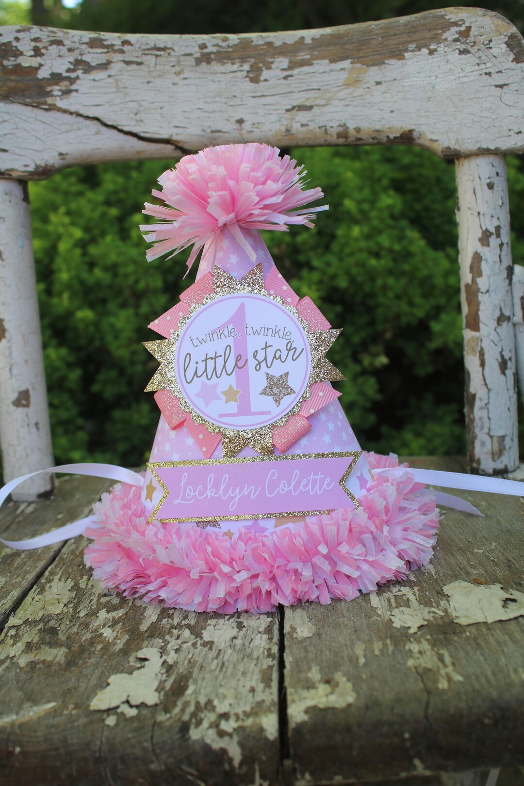 Twinkle Star Party Hat Pink and Gold First Birthday Party Hat Twinkle