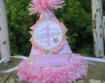 Twinkle Star Party Hat Pink and Gold - First Birthday Party Hat - Twinkle Twinkle Little Star First Birthday - Girl Birthday - Pink & Gold