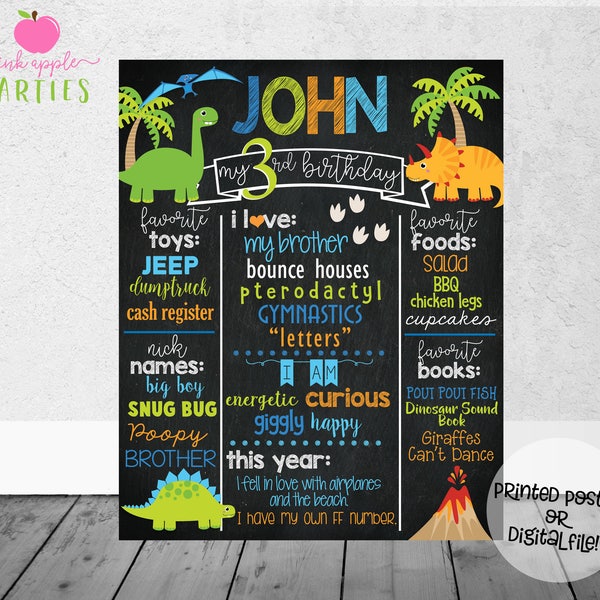 Dinosaur Birthday Chalkboard - Dinosaur Third Birthday Stats - Dinosaur Birthday Chalkboard - Printed Poster OR Digital File