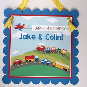 Transportation Birthday Welcome Door Sign - Boy Birthday Decorations Fully Assembled - Transportation Cars Trucks Trains Planes Sign