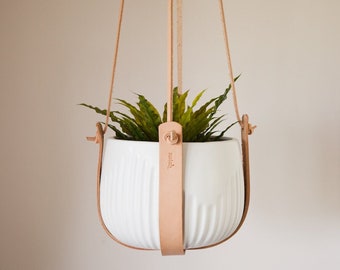 Hanging leather plant holder, large size, a lovely house warming gift.