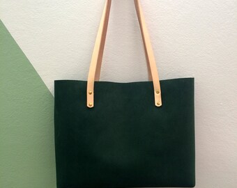 Green leather tote bag medium laptop bag, personalised handbag. Great gift for her.