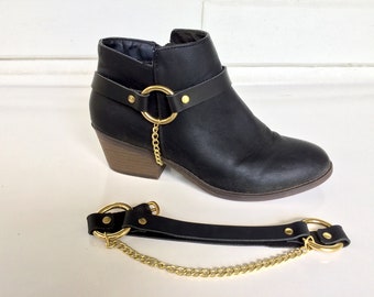 Leather boot harness, in black or brown, with brass or steel hardware