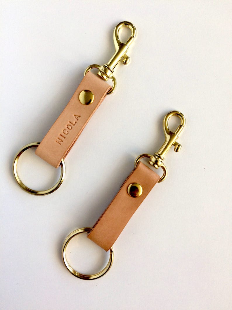 Personalised leather keychain with clip, hand stamped with your name. A unique little custom gift. Great Fathers Day gift. image 3