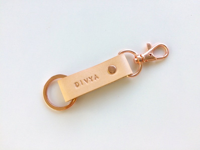 Personalised leather keychain with clip, hand stamped with your name. A unique little custom gift. Great Fathers Day gift. image 10